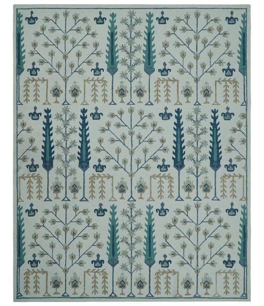 Custom Made Tree Of Life Ivory, Teal, Beige And Silver Hand Tufted Wool Area Rug