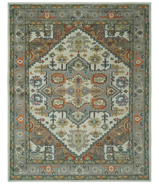 Custom Made Traditional Medallion Pattern Ivory, Brown, Gray and Olive Hand Knotted wool Area Rug