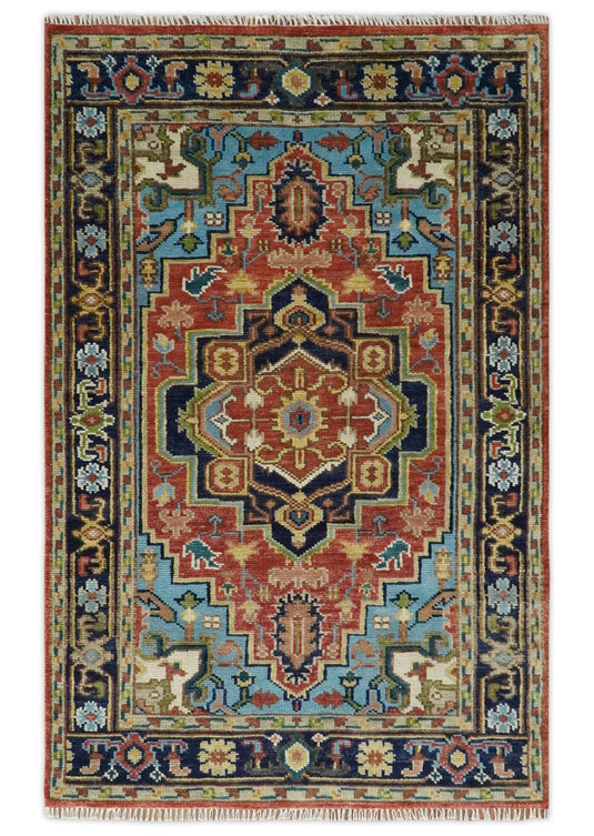 Custom Made Red, Blue, Green And Yellow Heriz Serapi Hand Knotted Wool Area Rug