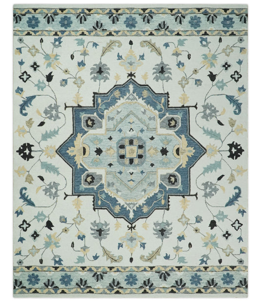 Custom Made Central Medallion Ivory, Camel, Blue, Gray And Black Hand Tufted Wool Area Rug