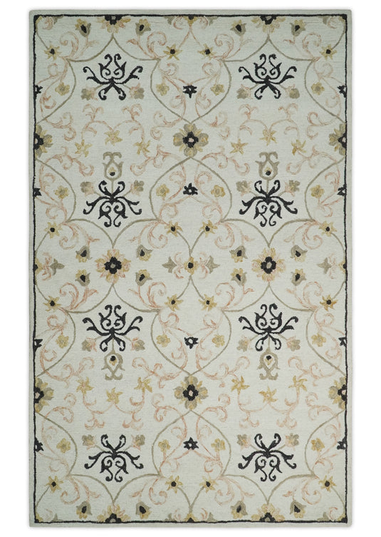 Custom Made Hand Tufted Ivory, Black And Peach Wool Area Rug