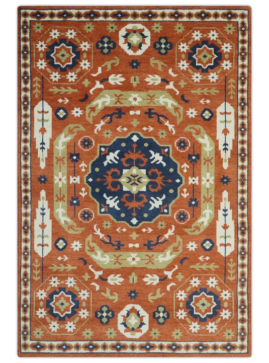 Rust, Blue And Ivory Traditional Medallion Mamluk Hand Knotted 6x9 ft wool Area Rug