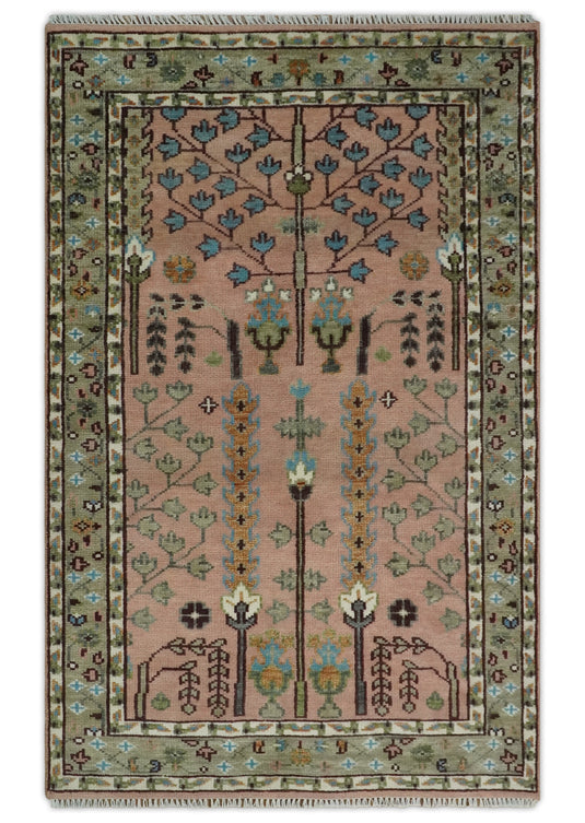 Pink,Olive and Beige Tree of Life Vintage Hand Knotted, Antique Turkish 5x8, 6x9, 8x10, 9x12, 10x14, 12x15 Wool Rug, Living Room Rug CP684S