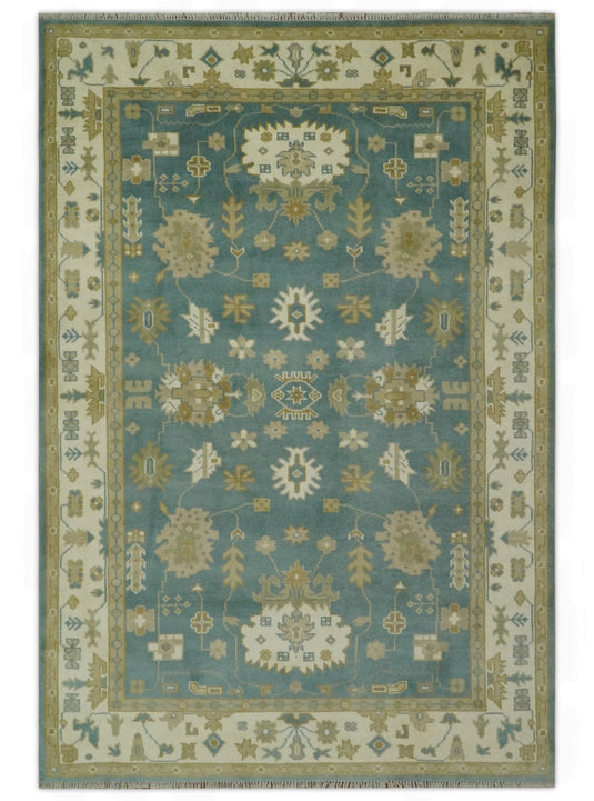 Hand Knotted Teal And Beige Classic Oriental Oushak Rug 6x9 ft Ideal for Living, Bedroom And Dining Rooms | CP235069