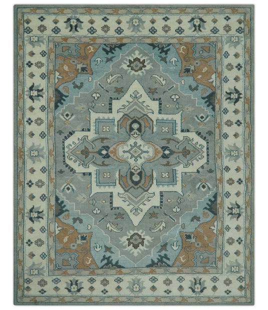 Traditional Heriz Gray, Beige And Ivory Hand Knotted 7x9 And 8x10 ft wool Area Rug