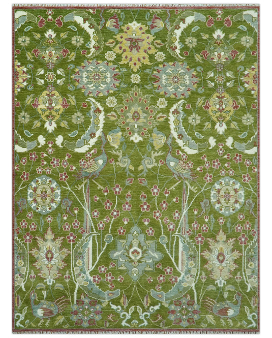 Hand Knotted Green Peacock Motifs Wool Rug 9x12 ft Ideal for Living, Bedroom And Dining Rooms