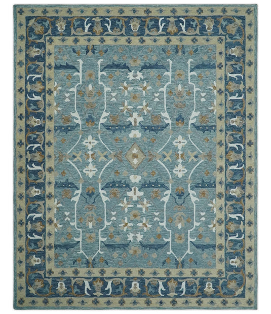 Custom Made Oriental Blue, Beige, Brown And Ivory Hand Tufted Wool Area Rug