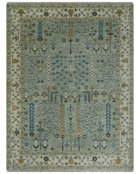 Handknotted Turkish Wool Oushak Rug, Moss Green and Ivory Tree of Life Rug CP663S