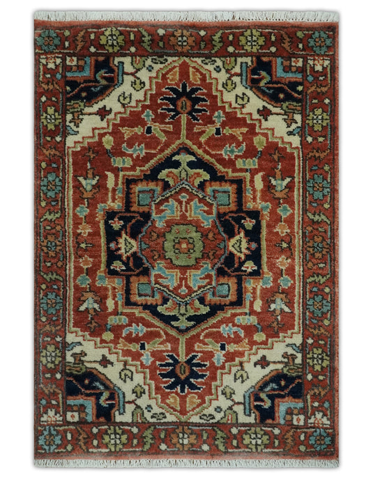 Persian Hand knotted Rust, Charcoal and Ivory 2x3, 3x5 and 4x6 Heriz Serapi  wool Area Rug