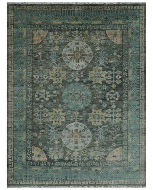 Hand Knotted Oushak Rug Charcoal, Aqua and Beige Multi Size Ideal for Living, Bedroom, and Dining Rooms |CP1713