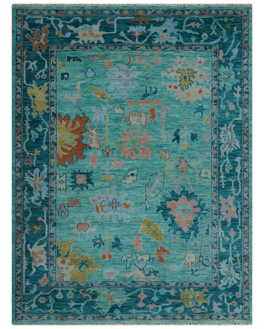 Traditional Oriental Colorful Oushak Hand knotted Green and Blue 9x12 ft Bedroom, Living Room Rug ,wool Area Rug