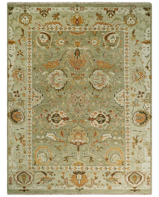 Traditional Vintage Persian Hand Knotted Oushak Rug Green and beige Multi Size Ideal for Living, Bedroom, and Dining Rooms | CP618