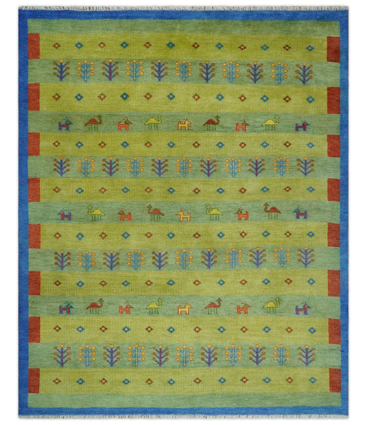 Animal and Tree Life Hand Knotted Traditional Gabbeh Rug Green, Blue and Rust Multi Size Ideal for Living, Bedroom, and Dining Rooms | CP1767