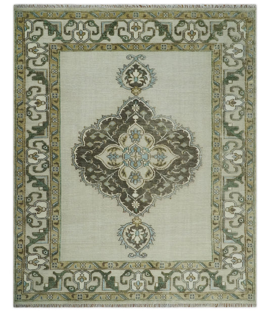 Traditional Persian Oushak Hand Knotted Beige,Charcoal and Gold Multi Size Ideal for Living, Bedroom, and Dining Room