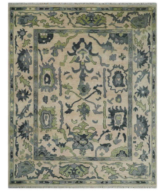 Hand Knotted Oriental Oushak Rug Camel, Charcoal and Green Multi Size Ideal for Living, Bedroom, and Dining Room