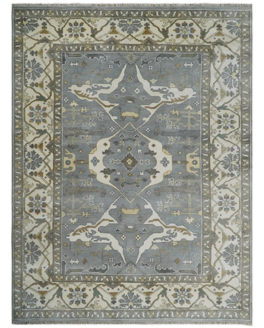 Traditional Oriental Oushak Hand knotted Silver, Ivory and Beige 9x12 ft Bedroom, Living Room Rug ,wool Area Rug