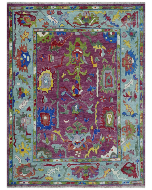 Hand Knotted Vibrant Colorful Oriental Oushak Rug Green and Purple 9x12 ft Ideal for Living, Bedroom, and Dining Room