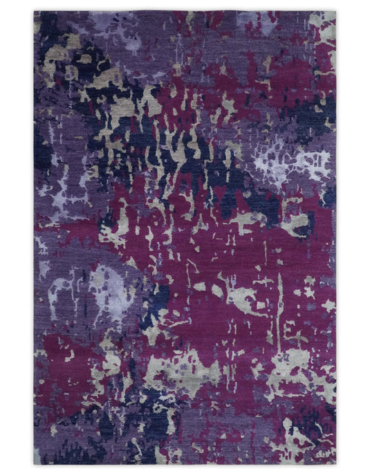 Abstract pattern Hand Knotted Purple, Dark Blue and Violet Color 4x6 ft Bedroom, Living Room Rug Wool and Viscose Area Rug