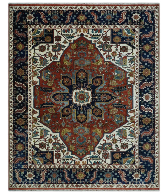 Traditional Premium look Heriz Serapi Hand knotted Rust, Ivory and Navy Blue 8x10 ft Bedroom, Living Room Rug ,wool Area Rug