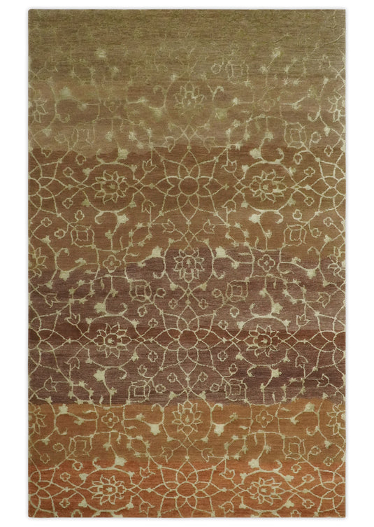 Traditional Handloom Brown , Rust and Olive 5x8 ft Bedroom, Living Room Rug , Art Silk  Area Rug AAOC458