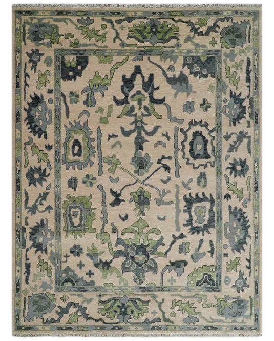 Hand Knotted Oriental Oushak Rug Camel, Charcoal and Green Multi Size Ideal for Living, Bedroom, and Dining Room