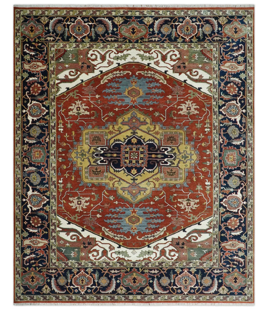 Traditional Premium look Heriz Serapi Hand knotted Blue, Rust and Ivory 8x10 ft Bedroom, Living Room Rug ,wool Area Rug