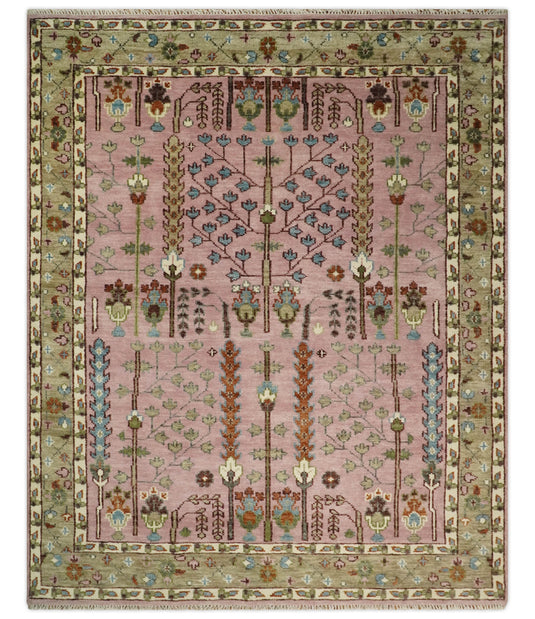 Pink,Olive and Beige Tree of Life Vintage Hand Knotted, Antique Turkish 5x8, 6x9, 8x10, 9x12, 10x14, 12x15 Wool Rug, Living Room Rug CP684S