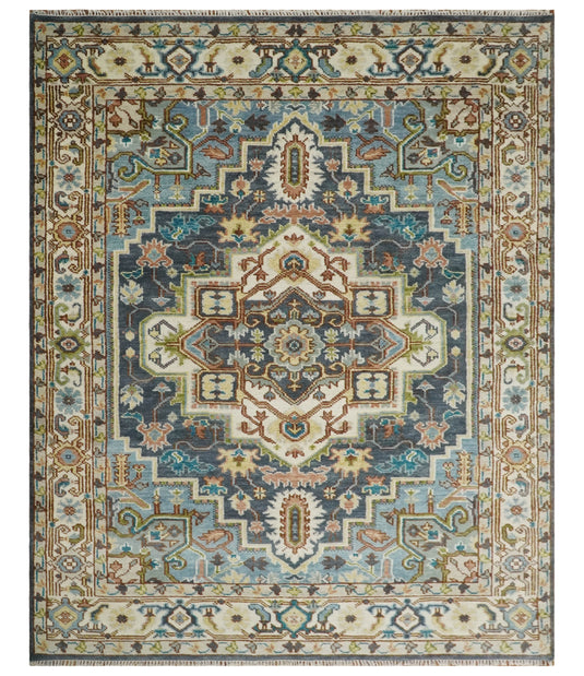 Hand Knotted Medallion Heriz Serapi Rug Ivory, grey and blue Multi Size Ideal for Living, Bedroom, and Dining Rooms | CP751