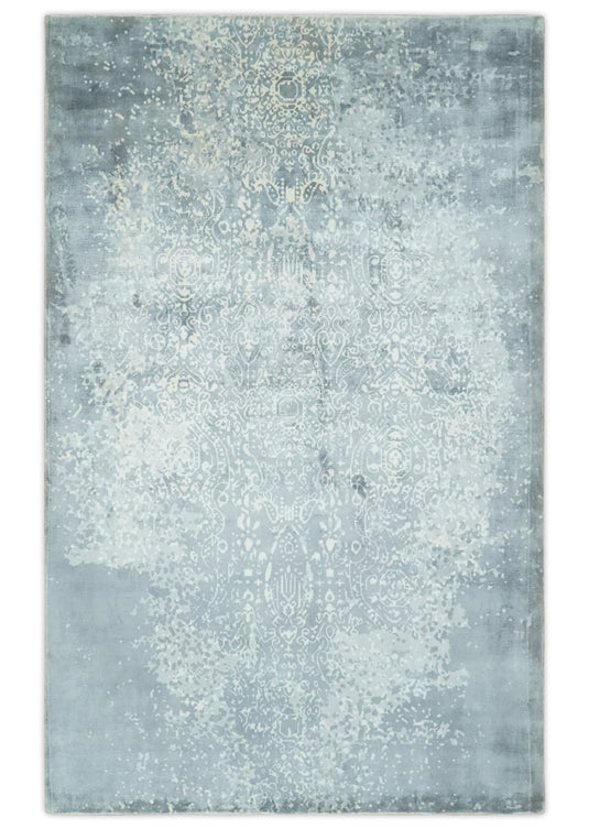 Abstract Floral Silver, Gray And Ivory Handloom 5x8 ft Bedroom, Living Room Rug Wool And Viscose Area Rug