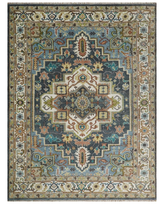 Hand Knotted Medallion Heriz Serapi Rug Ivory, Grey and Blue 5x8,6x9,8x10,9x12,10x14 and 12x15 Living Room Area Rug | CP751S