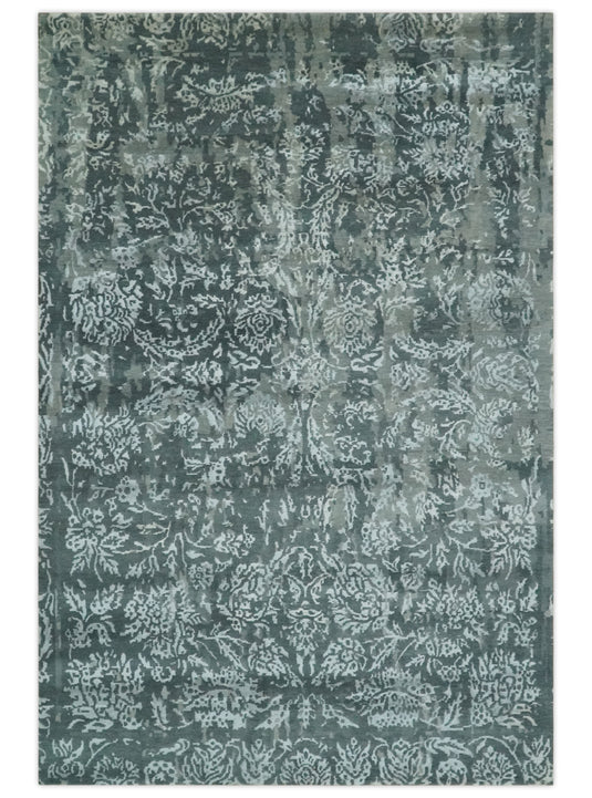 Abstract Floral pattern Hand Knotted Charcoal, Gray and white Color 6x9 ft Bedroom, Living Room Rug Wool and Art Silk Area Rug