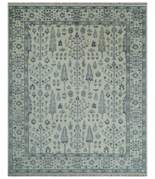 Tree Of Life Ivory, Silver And Charcoal Hand Knotted 8x10 ft Bedroom, Living Room Rug Wool Area Rug