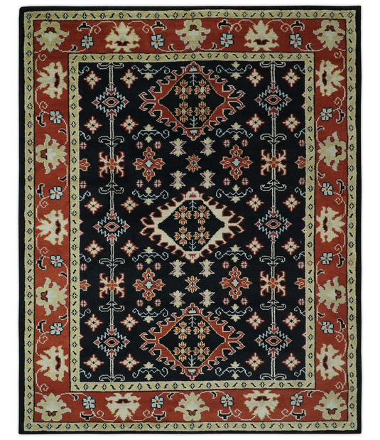 Traditional Tribal Pattern Black, Rust And Ivory Hand Knotted 8x10 ft wool Area Rug