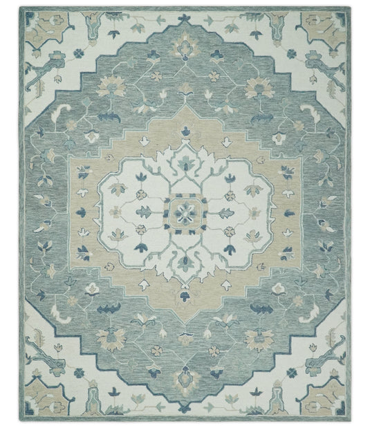 Custom Made Floral Medallion Ivory, Gray, Camel And Blue Hand Tufted Wool Area Rug