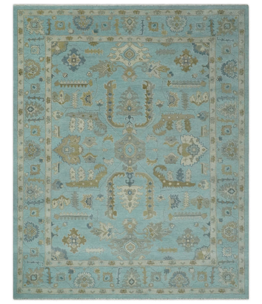 Custom Made Traditional Oushak Light Blue, Brown, Ivory And Gray Hand Knotted Wool Area Rug