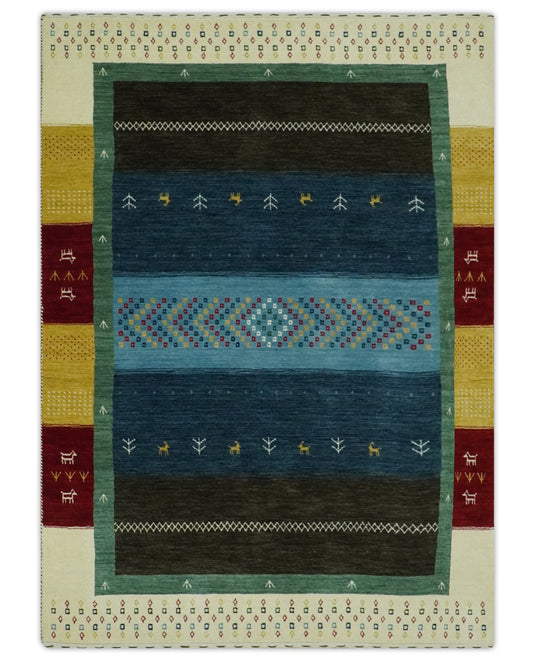 Custom Made Lori Gabbeh Ivory, Black, Maroon, Yellow And Green Handloomed Wool Area Rug