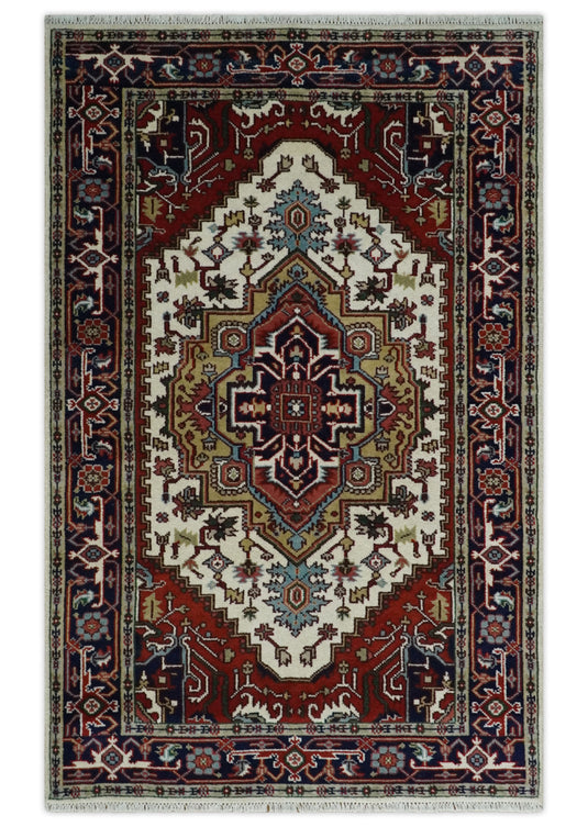 HandKnotted Heriz Serapi Rug Ivory, Rust and Navy Blue Ideal for Living, Bedroom, and Dining Rooms Multi Size Wool Rug | CP1894