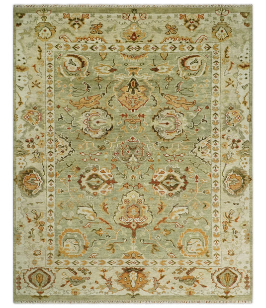 Traditional Vintage Persian Hand Knotted Oushak Rug Green and beige Multi Size Ideal for Living, Bedroom, and Dining Rooms | CP618