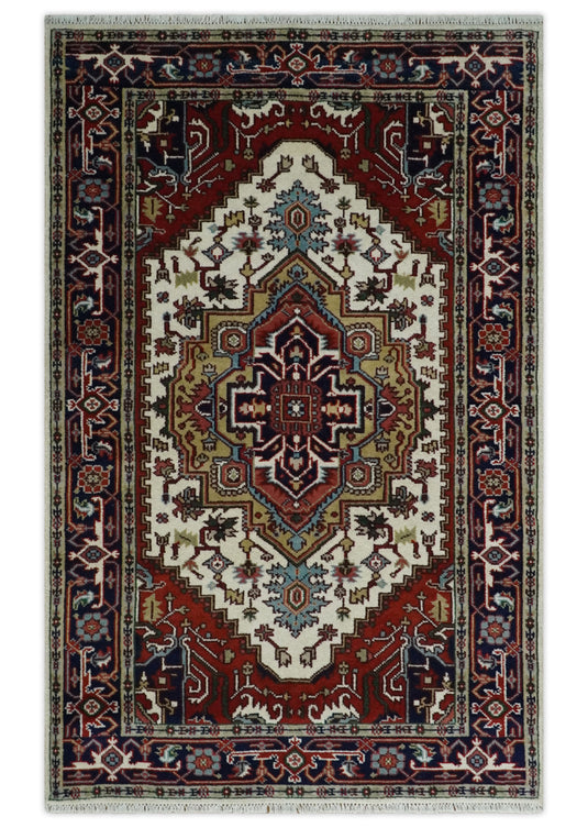 Hand Knotted Heriz Serapi Rug Ivory, Rust and Navy Blue 5x8 ft Ideal for Living, Bedroom, and Dining Rooms | CP189458S