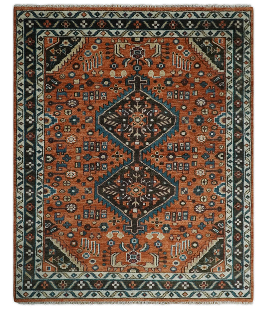 Rust Brown and Blue Hand Knotted 5X7, 5x8, and 8x10 Vintage Antique Persian Wool Area Rug, Bedroom, Living Room and Bedroom - CP810S