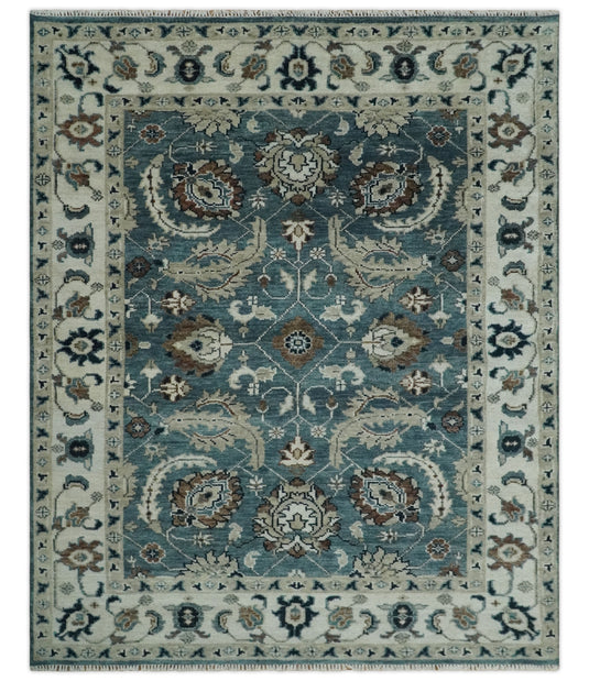 Hand Knotted Traditional Antique Oushak Rug Blue and Ivory Multi Size Ideal for Living, Bedroom, and Dining Rooms | CP1600