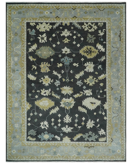 Custom Made Hand Knotted Oriental Oushak Black, Beige, Ivory And Gray Wool Area Rug