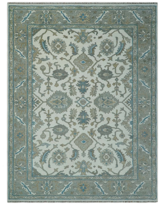 Hand Knotted Oriental Oushak Rug Ivory, Grey and Teal Multi Size Ideal for Living, Bedroom, and Dining Rooms | CP1702