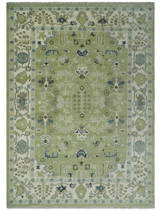 Traditional Turkish Antique Hand knotted Light Green, Ivory and Silver 8x10 and 10x14 ft Bedroom, Living Room Rug ,wool Area Rug