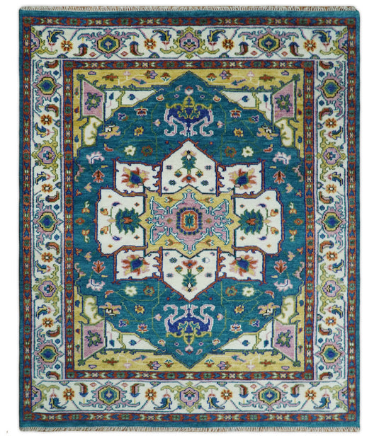 Hand Knotted Medallion Heriz Serapi Rug Teal and Gold Multi Size Ideal for Living, Bedroom, and Dining Rooms | CP699