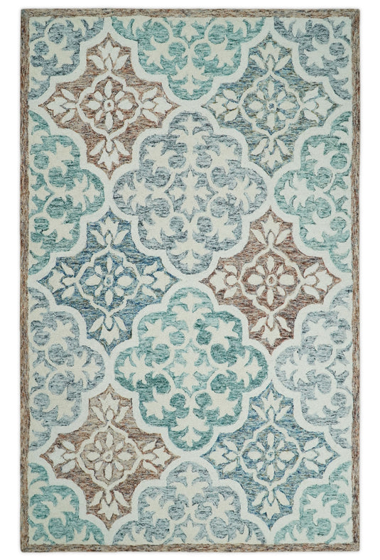 Custom Made Floral Pattern Blue, Rust, Aqua And ivory Hand Tufted Wool Area Rug