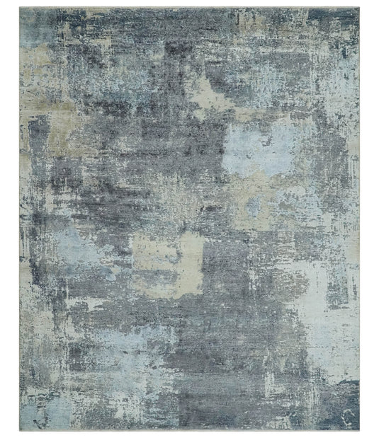 Abstract Grunge Pattern Ivory, Beige And Charcoal Hand Knotted 8x10 ft Bedroom, Living Room Rug Wool And Bamboo Silk Area Rug