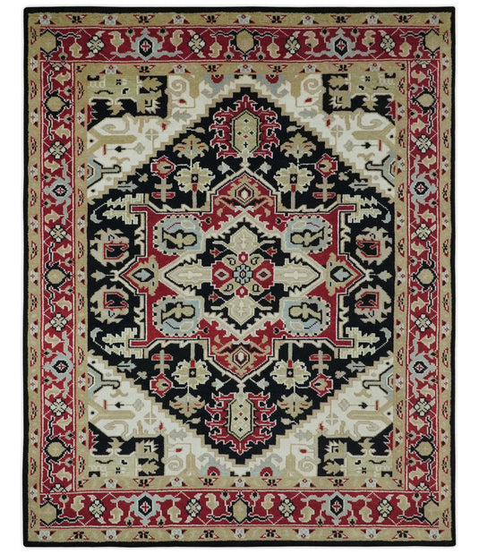 Traditional Pattern Black, Beige, Ivory and Red Hand Knotted 8x10 ft wool Area Rug