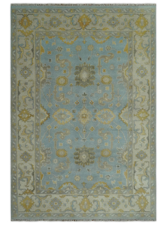 Custom Made Hand Knotted Traditional Oushak Blue, Beige, Gray And Gold Wool Area Rug