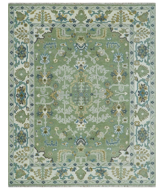 Hand Knotted Traditional Turkish Rug Green, Ivory and Silver 8x10, 9x12 ft Ideal for Living, Bedroom, and Dining Rooms | CP1912